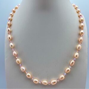 Exquisite Freshwater Pearl & Swarovski Crystal Necklace 10K Gold Clasp Handmade